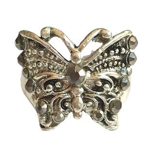 Vintage Silver Tone Art Deco Butterfly Cocktail Ring Size 9 Statement Crystal